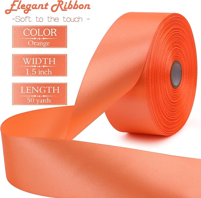 Orange Solid Satin Ribbon 1-1/2 Inch 50 Yards Solid Polyester Fabric Ribbon - Image 2