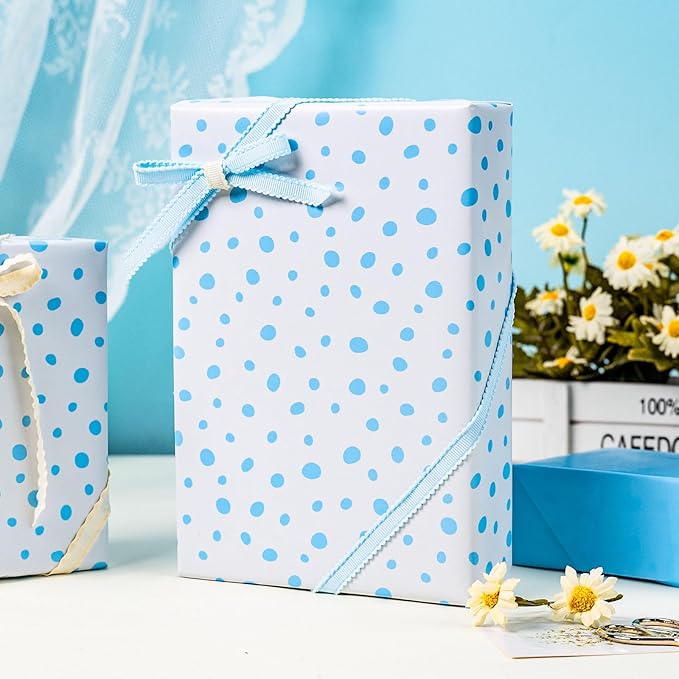 Burymento Blue Lrregular Wave Point Wrapping Paper, Reversible Gold Gift Wrap - Image 2