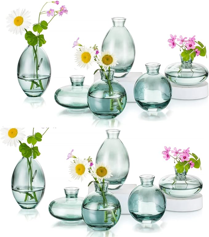 Glass Bud Vases Set of 12, Hewory Cute Green Small Vases Handmade, Mini Glass by Hewory