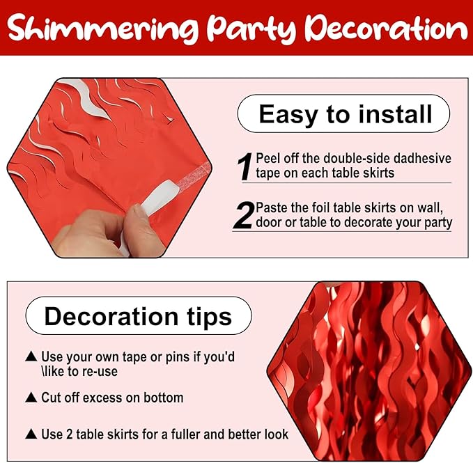 6 Pack 29 x108 Inch Red Wave Foil Fringe Table Skirts Metallic Banner - Image 3