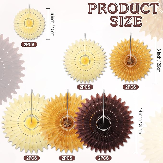 Outus 12 Pcs Hanging Honeycomb Paper Fans Sets, Fiesta Brown and Beige Party - Image 2