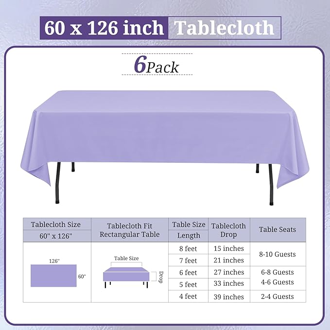 6 Pack Lavender Tablecloths for 8ft Rectangle Tables 60 x 126 Inch - Image 2
