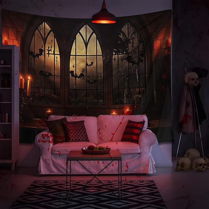 QGHOT Halloween Tapestry Wall Hanging Horror Castle Window Tapestry Gothic - Image 5