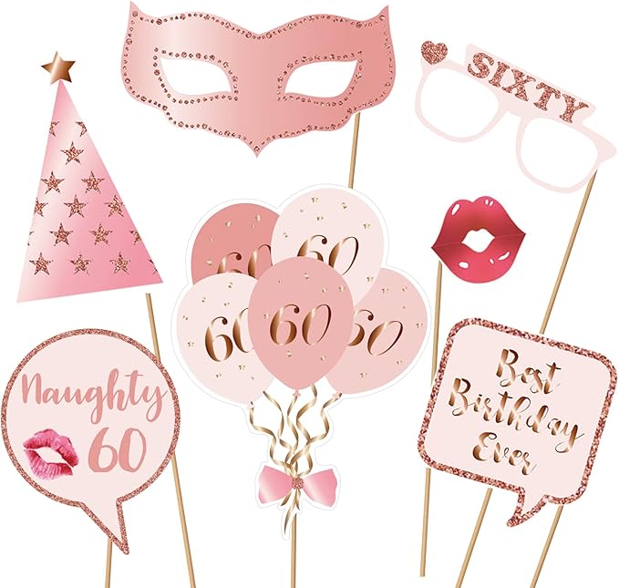 60th Birthday Party Photo Booth Props and Signs, Rose Gold 60 Birthday Party - Image 2