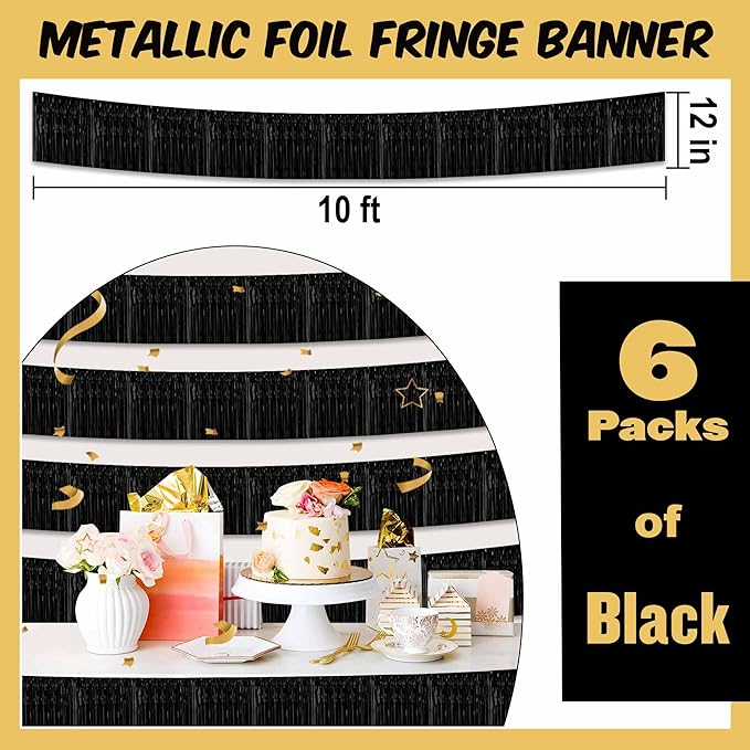 6 Pack 10 Ft Black Foil Fringe Garland Metallic Streamers Tinsel Banner Wall - Image 2