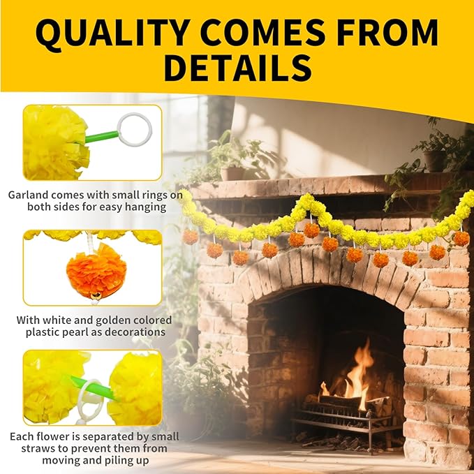 5 Pcs Marigold Garland Diwali Decor Artificial Flowers, 4.5 Feet Artificial - Image 5