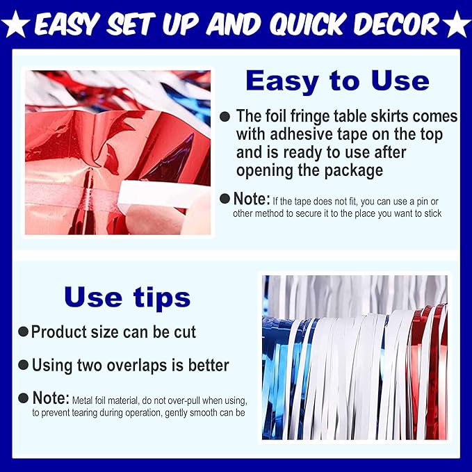 3 Pack White Blue Red Foil Fringe Table Skirts Metallic Tinsel Streamers - Image 3