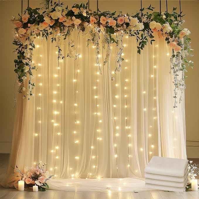 Tulle Backdrop Curtain with Lights String 20 X 10FT Champagne Sheer Tulle by Xiomot