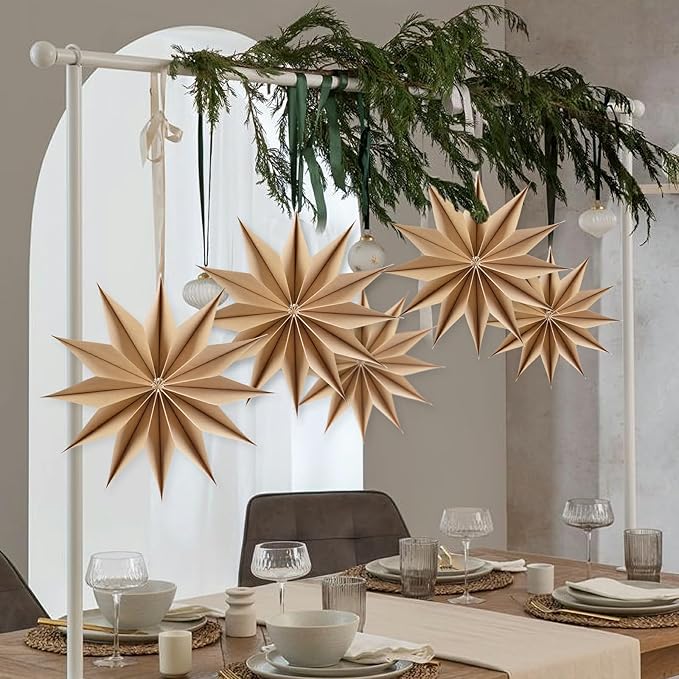 5 Pcs 12-Pointed Brown Paper Star Lanterns 12 Inch Hanging Lamp Rustic Paper - Image 7
