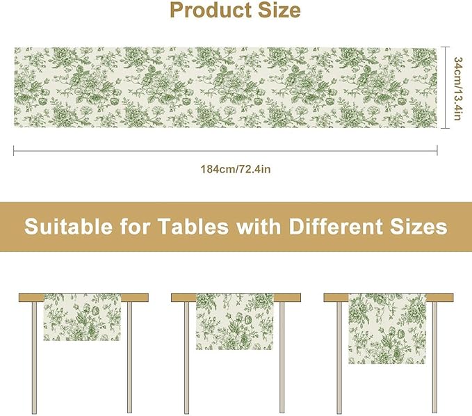Vintage Flower Table Runner, Wildfloral Green Floral Sketch Pattern Print Table - Image 2