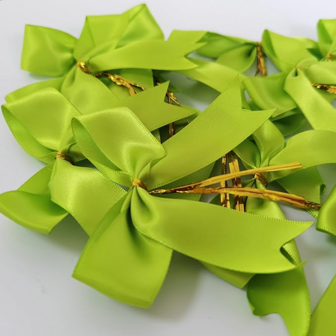 50 pcs 3-1/2" Apple Green Satin Ribbon Twist Tie Bows - Image 6
