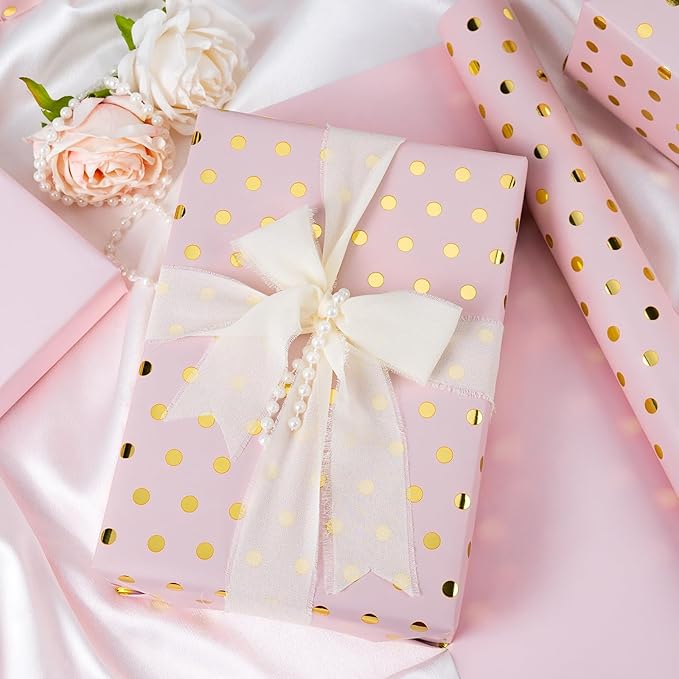 Flyhill Pink Wrapping Paper Roll, Reversible Mini Roll Gold Foil Polka Dot Gift - Image 5