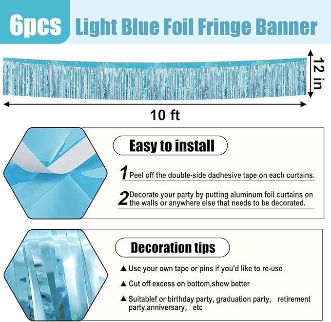 6 Pack 10 Feet Light Blue Foil Fringe Garland Metallic Tinsel Streamers Banner - Image 2