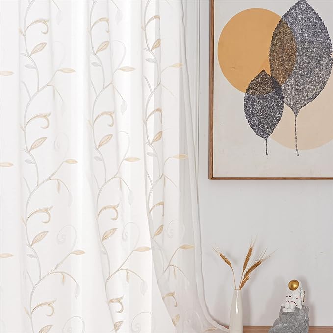 VISIONTEX White Sheer Voile Curtains, Decorative Beige Leaves Embroidery Faux by VISIONTEX