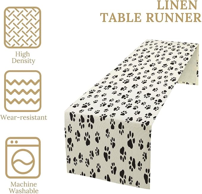 Dog Paws Table Runner, Cartoon Cute Black White Animal Footprints Abstract - Image 2