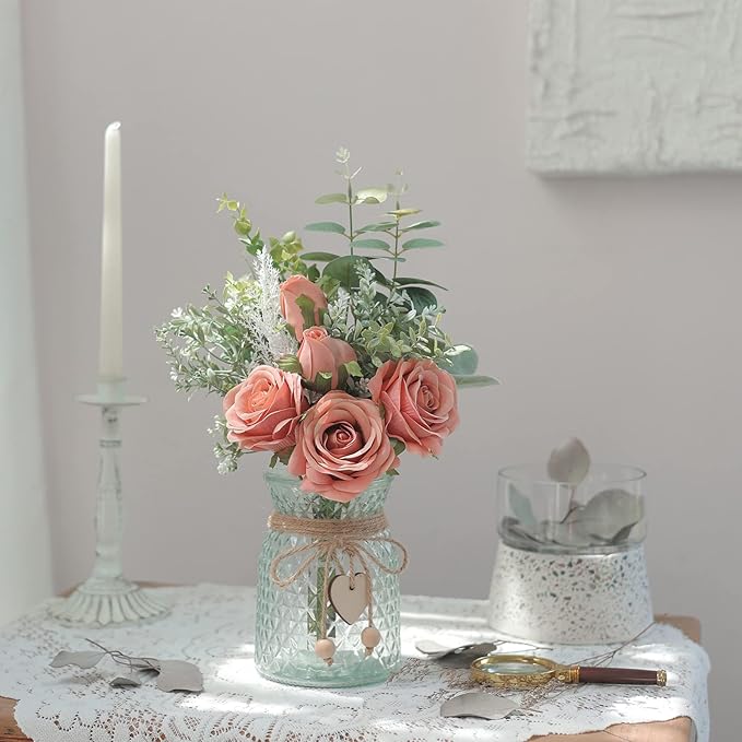 Faux Flowers with Vase, Artificial Silk Roses in Vase, Fake Plant Eucalyptus - Image 8