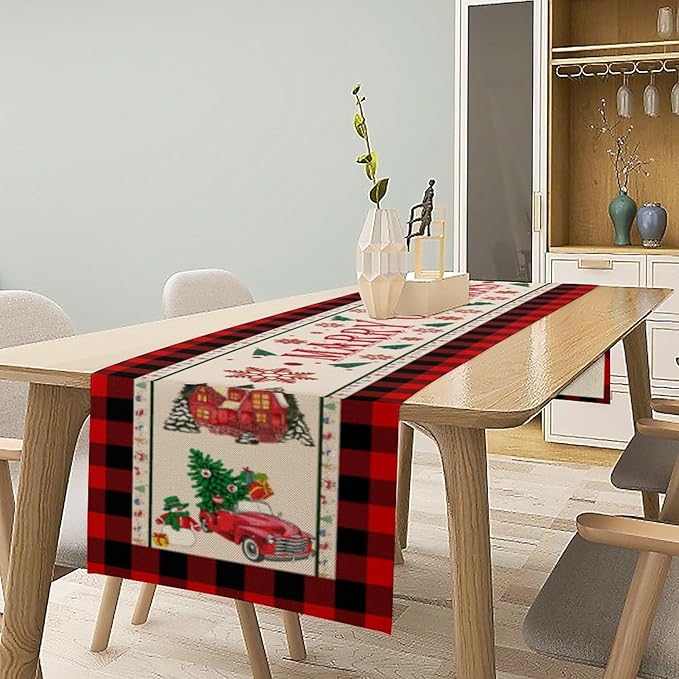 Merry Christmas Table Runner, Winter Xmas Holiday Table Cloth Kitchen Dining - Image 2