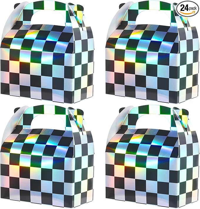 24 Pcs Iridescent Checkered Race Car Party Favor Gable Boxes, Paper Black and by EnjoyYourFunnyParties