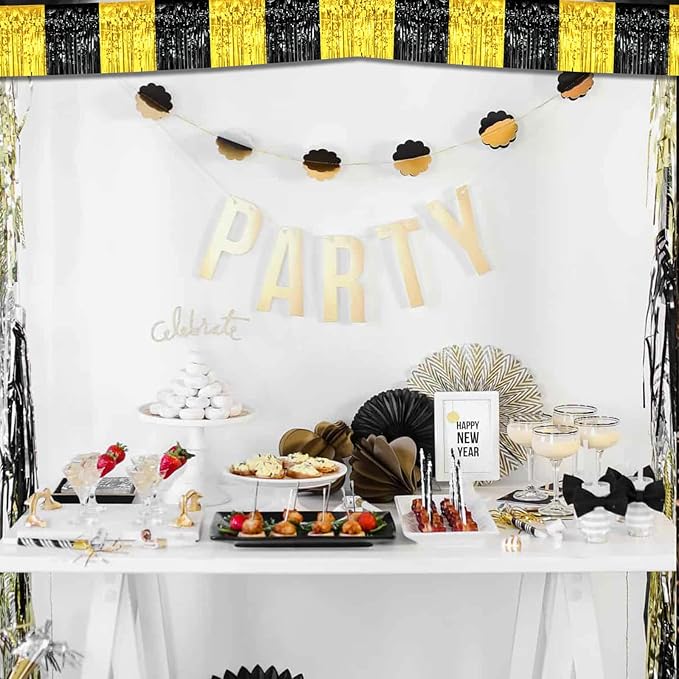 6 Pack 10 Feet Black Gold Foil Fringe Garland Metallic Tinsel Streamers Banner - Image 7