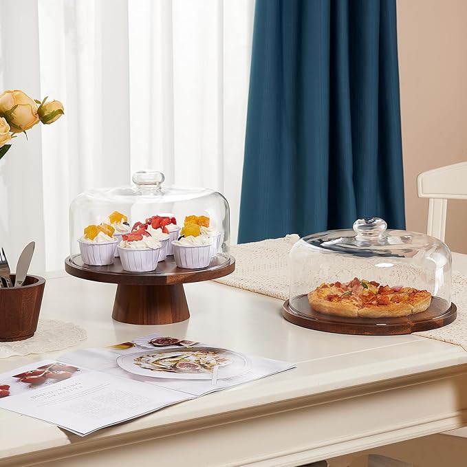 Wooden Cake Stand with Lid, Acacia Cake Stand with Glass Dome, 11-Inch - Image 4