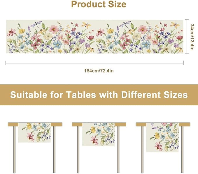 Watercolor Floral Table Runner, Colorful Spring Summer Nature Flower Dragonfly - Image 2