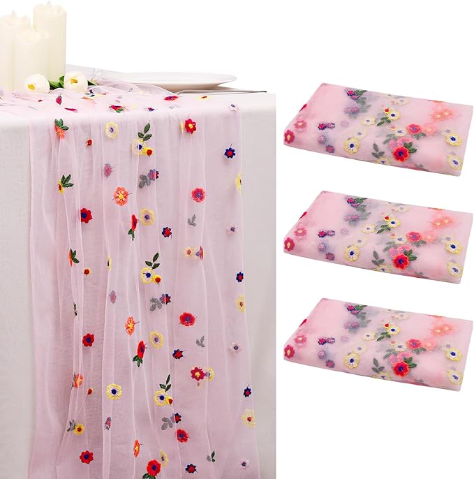 BINBE 3pcs Pink Daisy Fall Table Runner Embroidery Gauze 10FT Florals Seasonal by BINBE