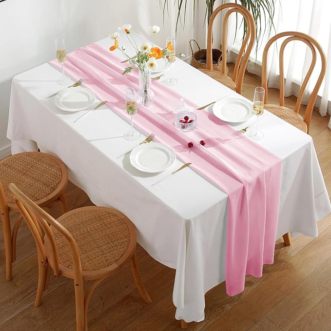 2 Pack 10 Ft Chiffon Table Runner Light Pink Gauze Long Table Runners 27x120 - Image 2
