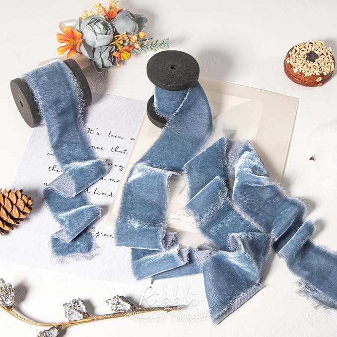 Ribbli Dusty Blue Velvet Ribbon 1.5 Inch Handmade Frayed Vintage Christmas - Image 2