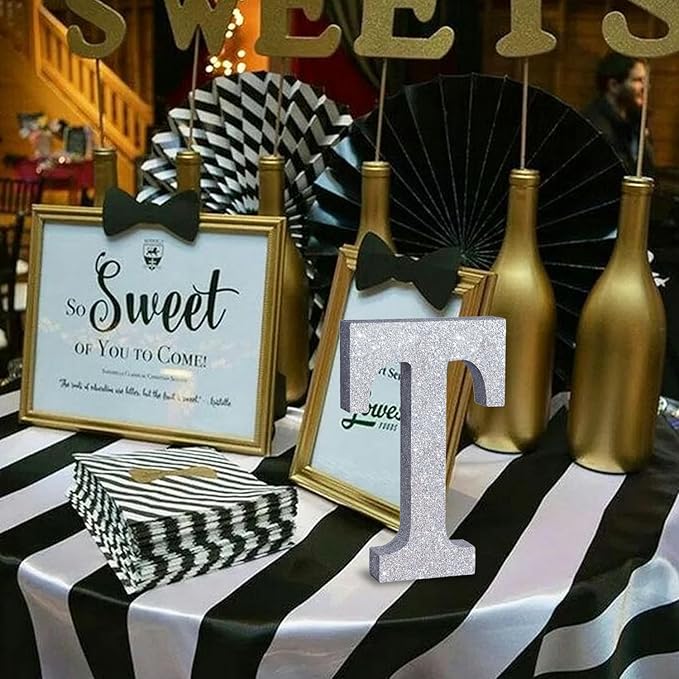 TONIFUL 8 Inch Silver Glitter Letter T Table Centerpiece A-Z Silver Birthday - Image 5