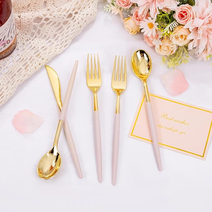 SUT 160Pcs Pink and Gold Plastic Silverware, Heavy Duty Plastic Silverware - Image 3