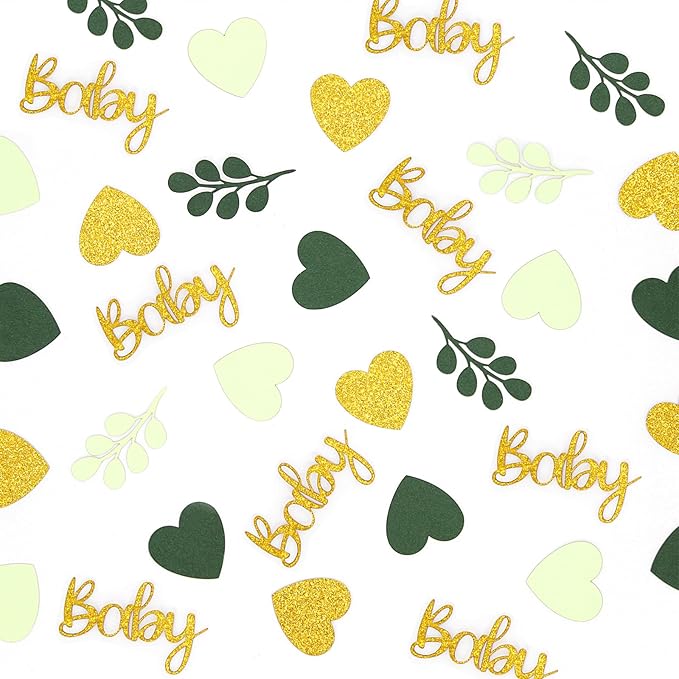 200PC Sage Green Baby Shower Confetti Green Gold Glitter Heart Table Confetti - Image 2