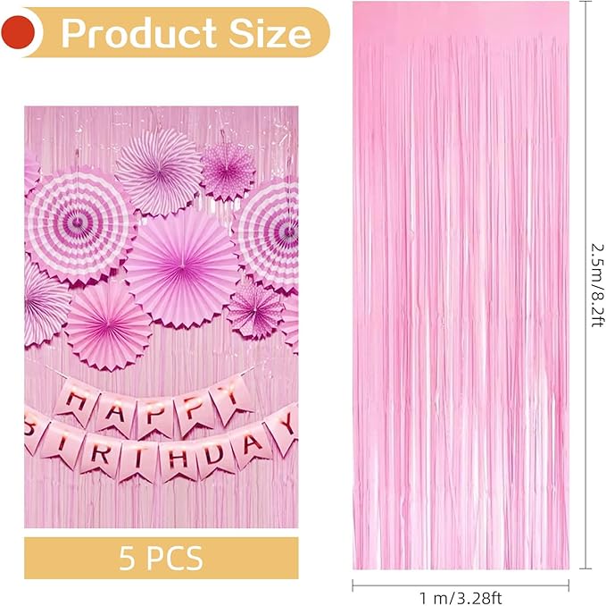 5 Pack Pink Foil Curtain Backdrop 3.2ft x 8.2ft Tinsel Foil Fringe Curtains - Image 3