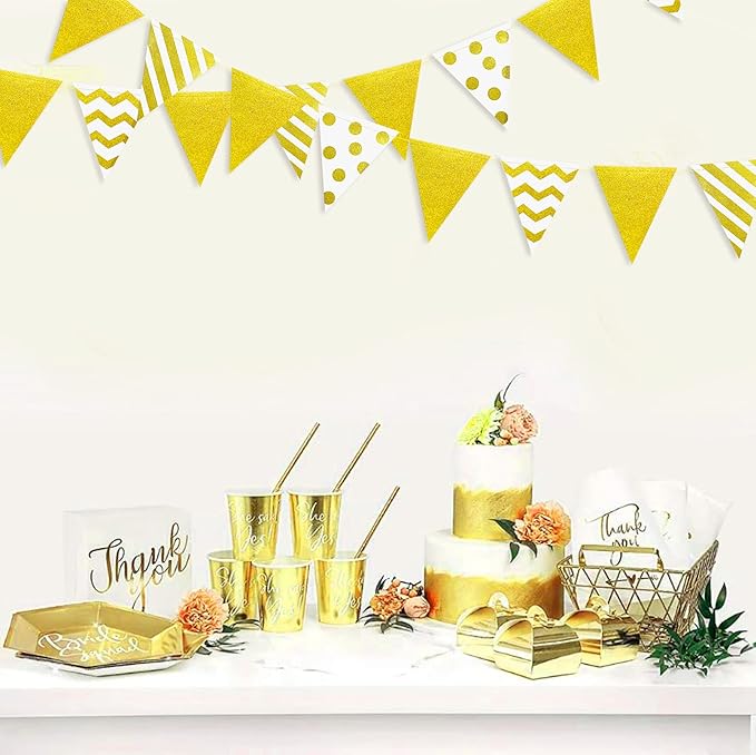 39Ft White and Gold Party Decorations Polka Dot Stripe Triangle Pennant Banner - Image 6