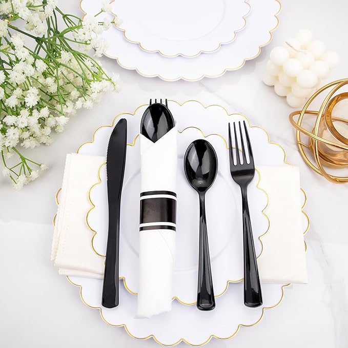 Supernal 60 Pack Hevy Duty Rolled Black Plastic Silverware, Pre Wrapped Cutlery - Image 6