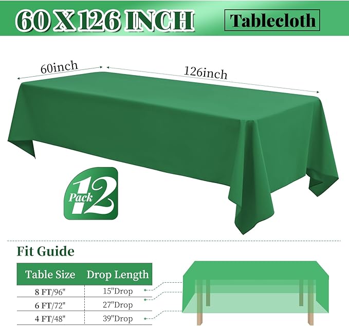 12 Pack 60 x 126 Inch Rectangle Tablecloth Green Polyester Tablecloth - Image 2