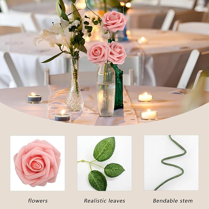 200PCS Artificial Flowers Pink Roses Real Looking Foam Fake Roses - Image 8