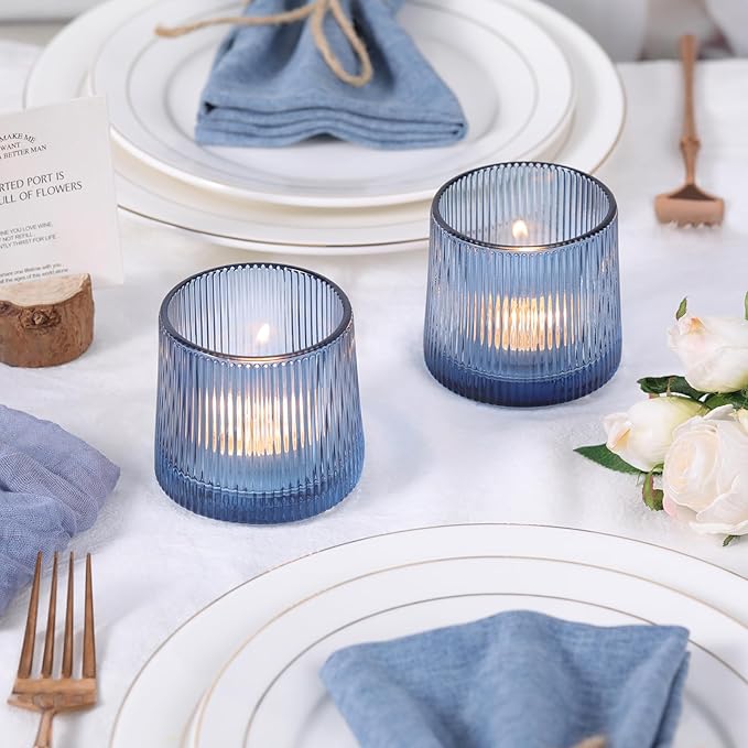DARJEN Blue Ribbed Tealight Votive Candle Holders Set of 10- Votive Candle - Image 3