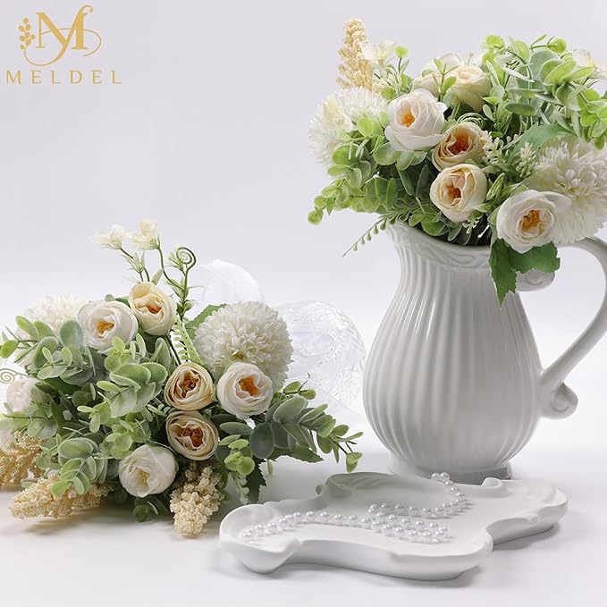 Meldel 3Pcs Rose Bouquet White&Champagne Artificial Flowers Eucalyptus Plants - Image 5
