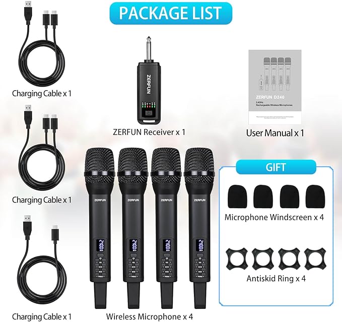 Rechargeable Wireless Microphones 4, Pro Handheld Cordless Mics System Dynamic - Image 7