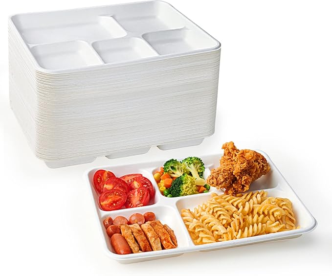 ECOLipak 100% Compostable 5 Compartment Plates, 125 Pack Disposable Paper Plates by ECOLipak