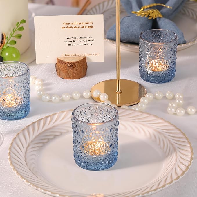 Blue Votive Candle Holder Set of 36, Flower Tea Lights Candles Holders - Image 2