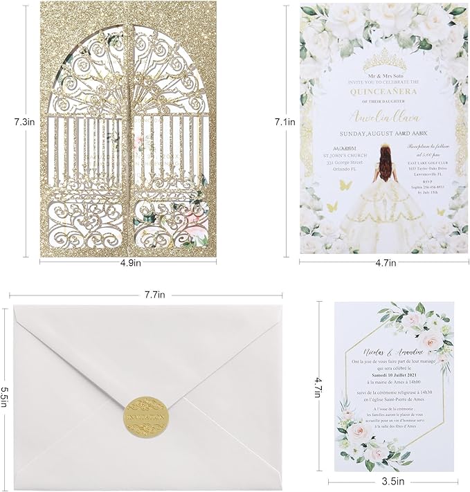 25Pcs Light Gold Glitter Laser Cut Wedding Invitation Kits - Image 7
