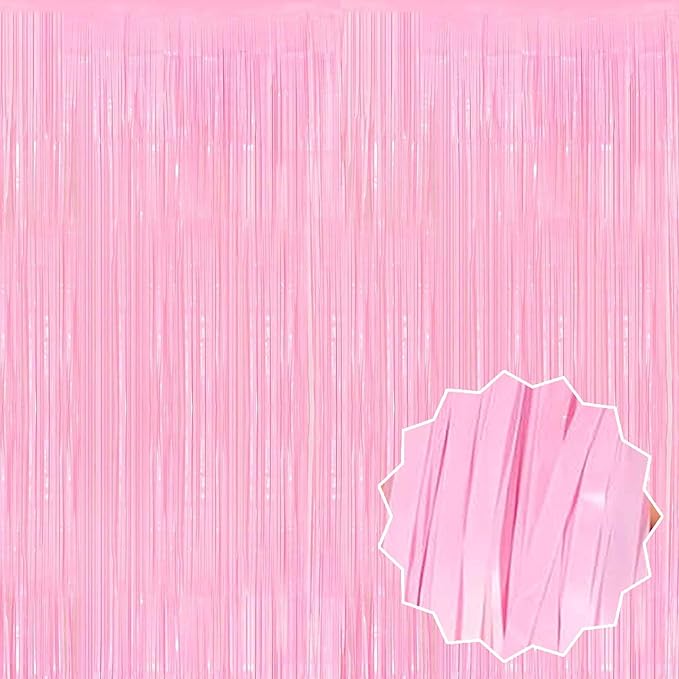 6 Pack Macaron Pink Foil Fringe Curtains Backdrop, 3.28 x 8.2 Ft Metallic by LANTIANCHEN