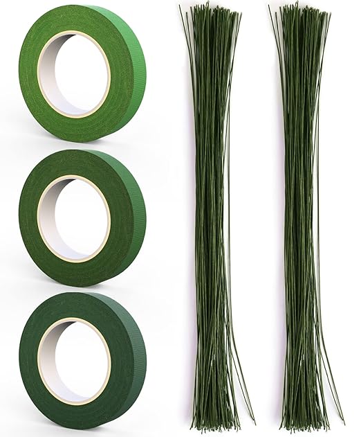 GLAMFIELDS 200 Pieces Green Floral Stem Wire 14 inch 22 Gauge Wire and 3 Rolls by GLAMFIELDS