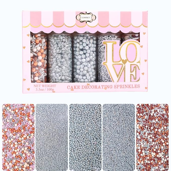 Confect Edible Cake Sprinkles Mix – Silver, Bronze & White Pearls, Sparkling by CONFECTTHECAKEDECORATINGCO