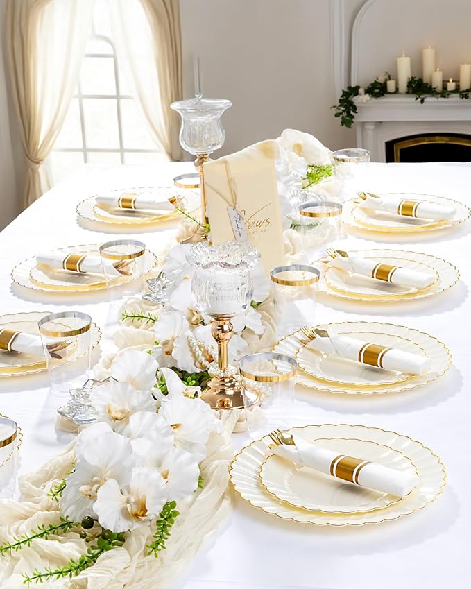 YOUBET 350PCS Ivory Scalloped Plastic Plates - Image 6