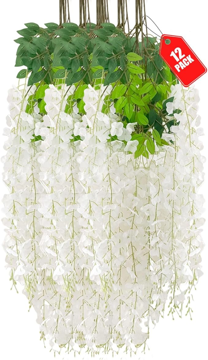 12 Pack White Wisteria Hanging Flowers, 3.44 Ft Fake Hanging Flowers, by ZEBMOON