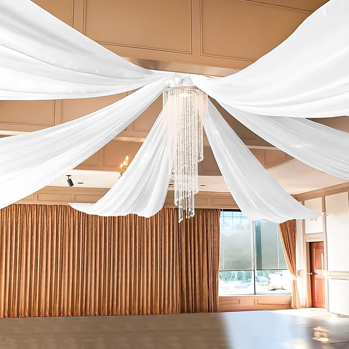6 Panels White Ceiling Drapes for Wedding 5ftx10ft Sheer Drapery Chiffon Fabric by REWOMC