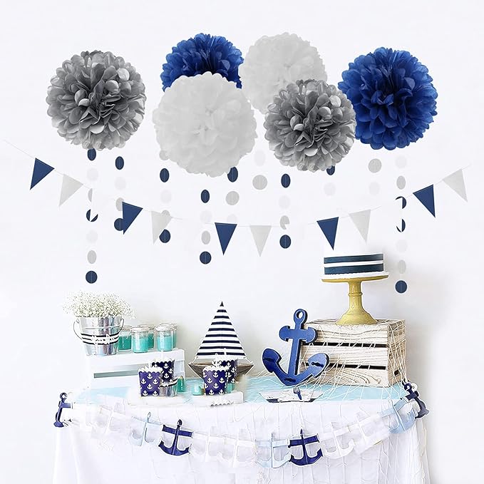 Navy Blue White Silver Party Decorations, Tassel Garland Banner Flowers - Image 4