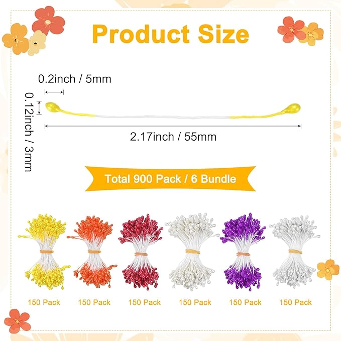 900-Pack Flower Stamens for Crafts, 5mm Double Heads Artificial Pearl Floral - Image 3